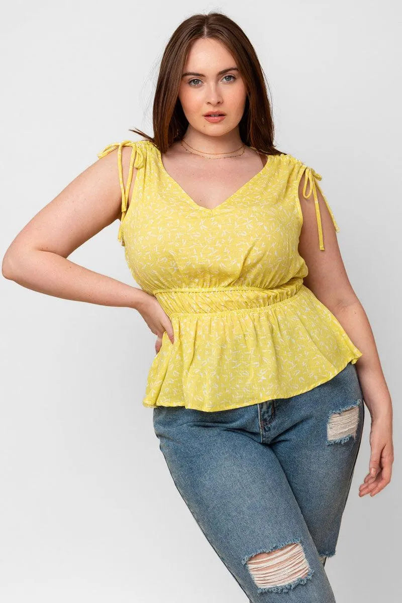 Plus Size Shoulder Ruched Elastic Waist Abstract Top