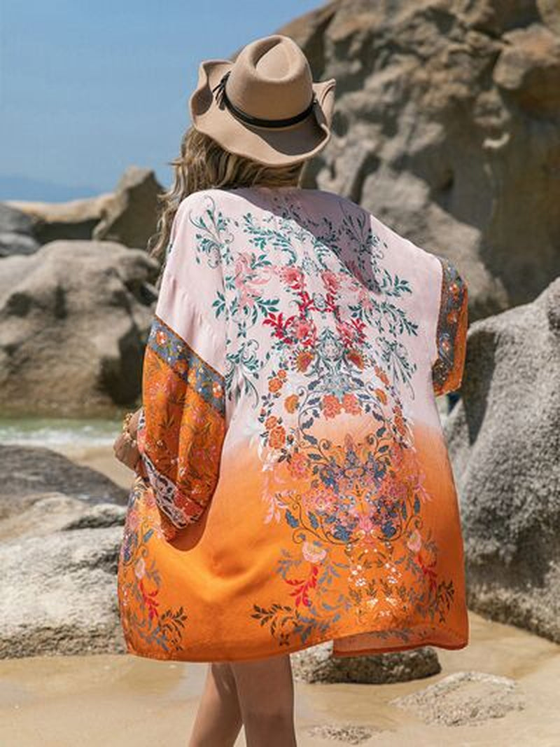 Printed Long Sleeve Cover-Up - Open Front Design