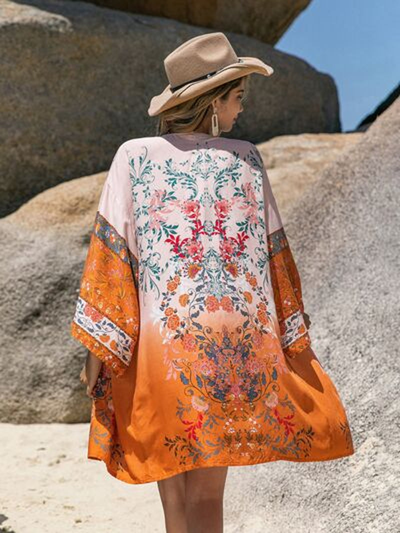 Printed Long Sleeve Cover-Up - Open Front Design