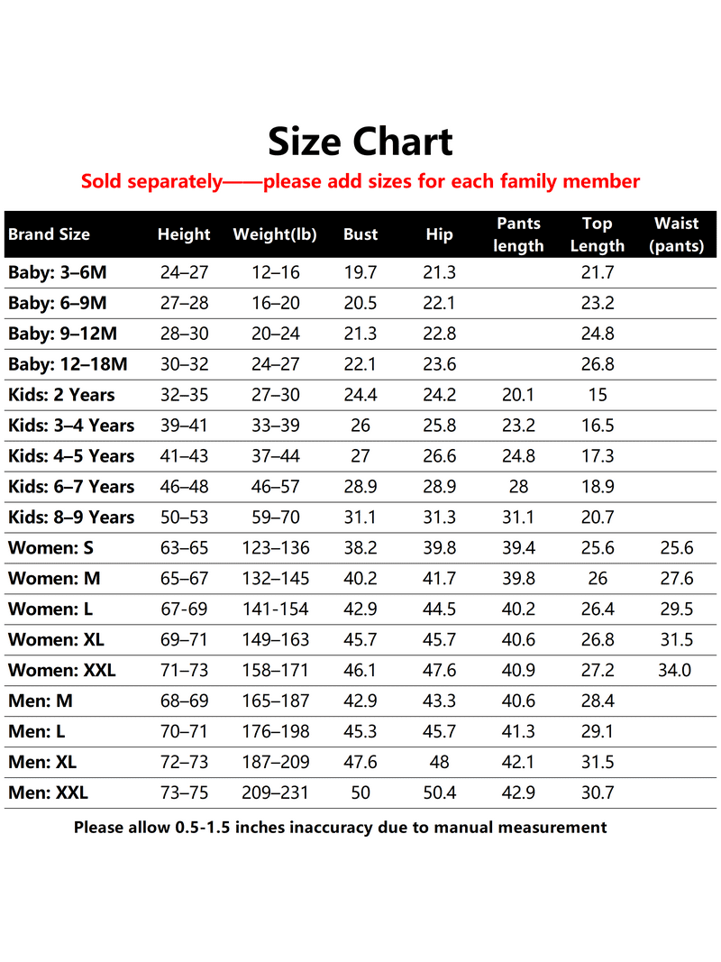 Size chart for Let It Snow Kids Christmas pajamas showing measurements by size.