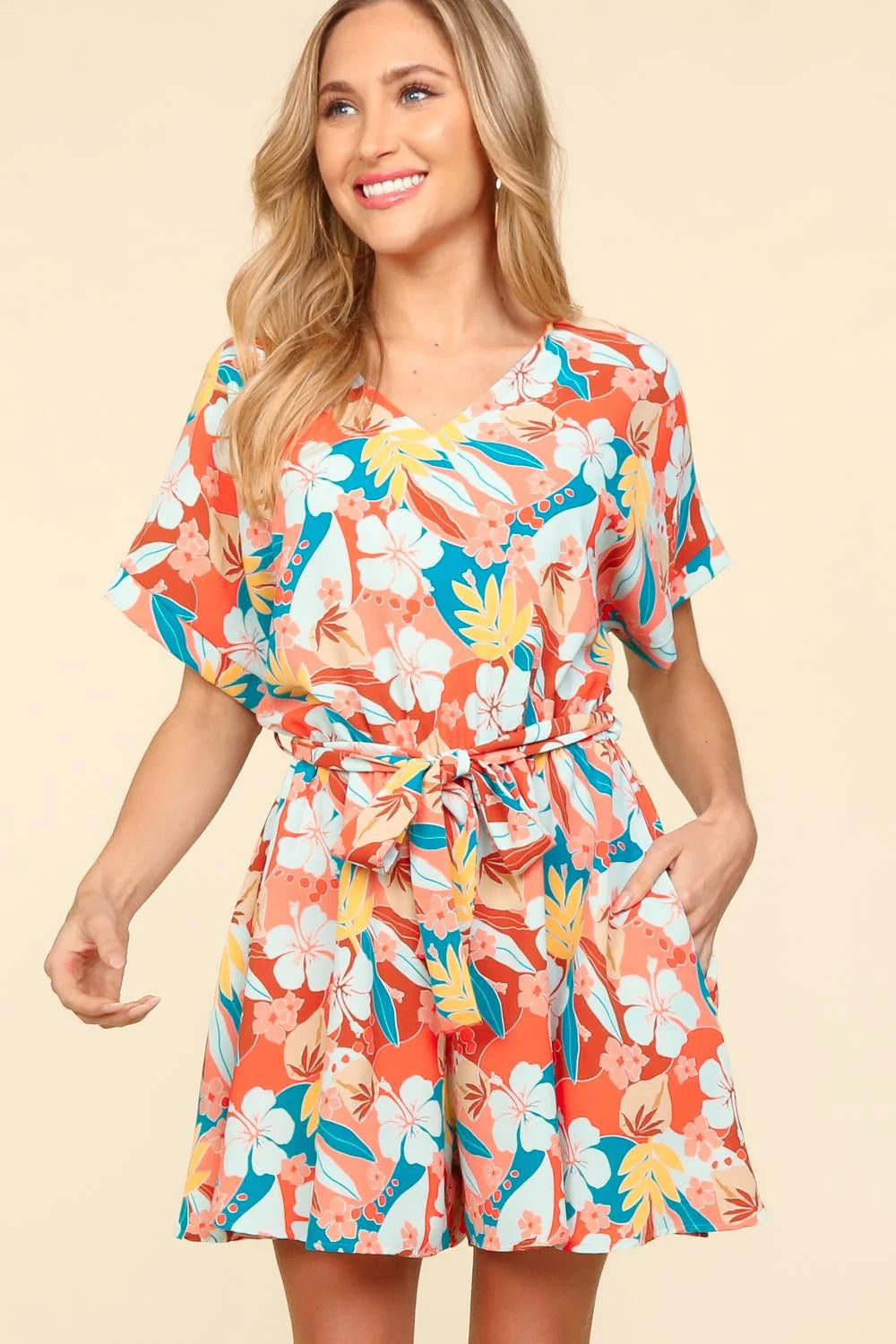 Haptics Tropical Floral Short Sleeve Tied Romper