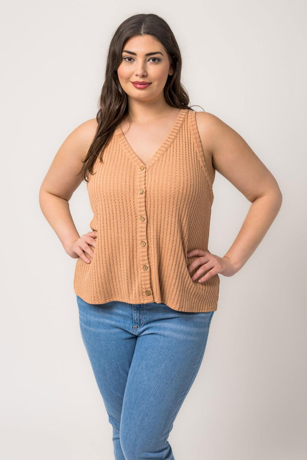 Plus Size Sleeveless V Neck Button down Knit Top