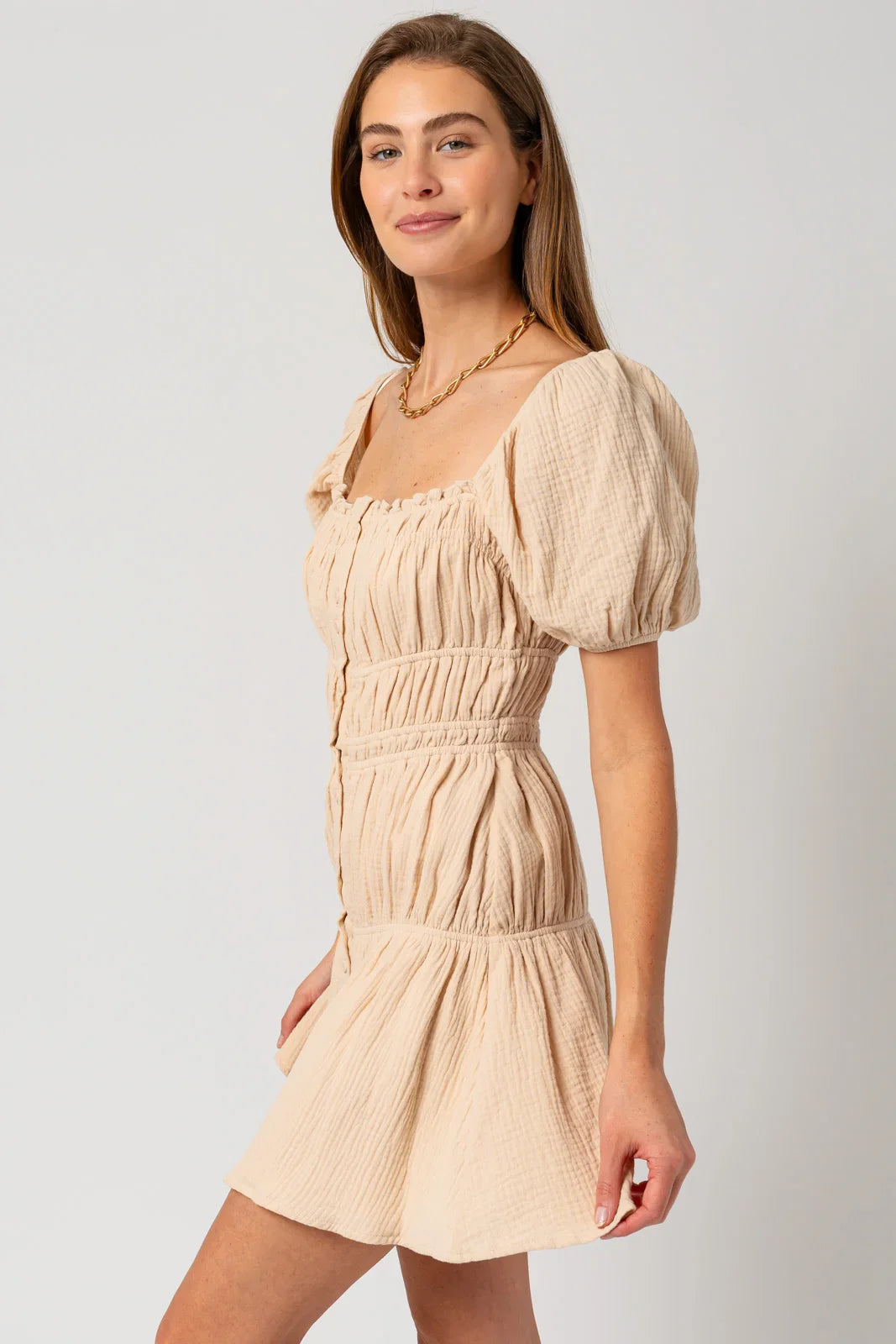 Puff Short Sleeve Shirring Mini Dress