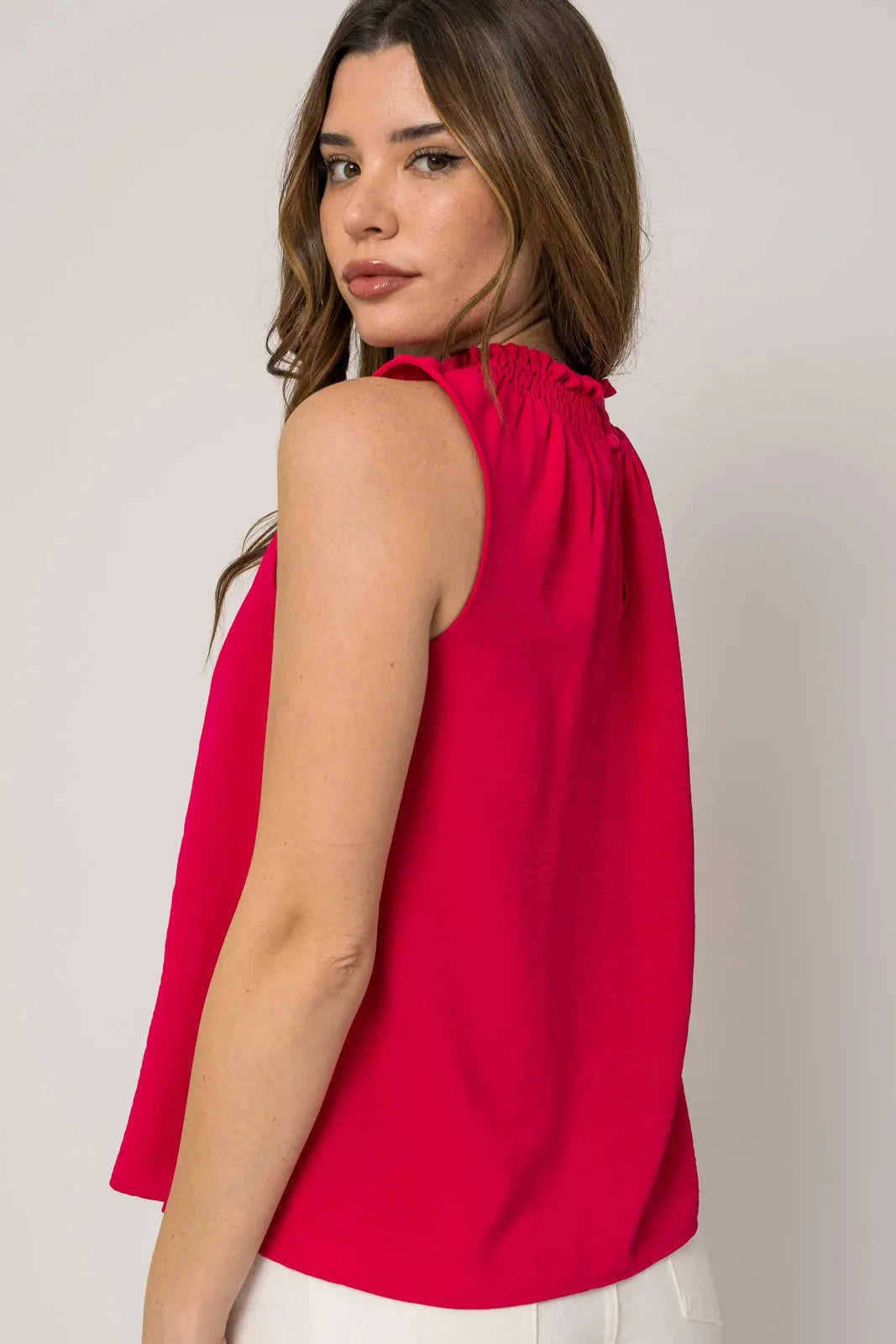 Sleeveless Smocking Neck Flowy Top