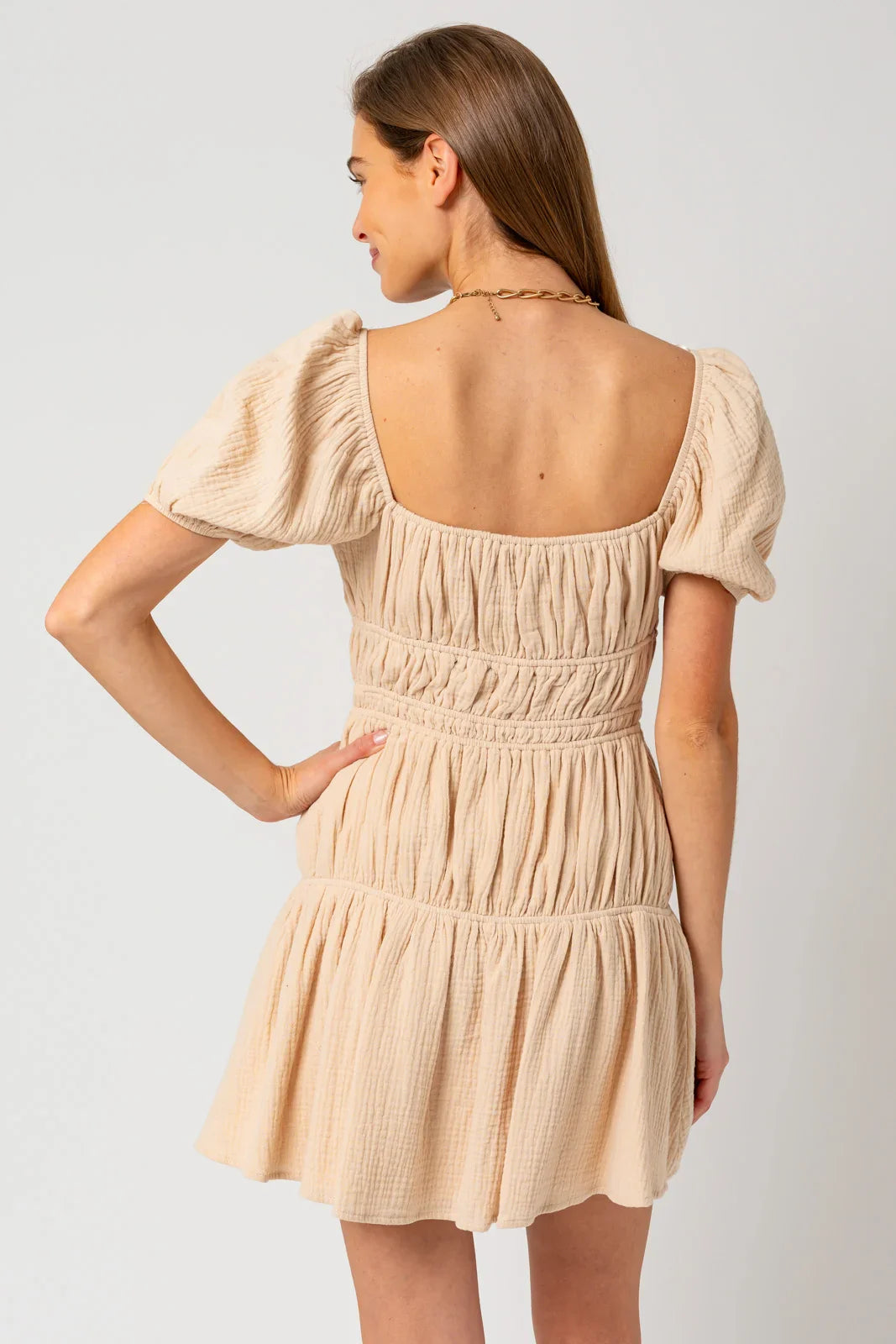 Puff Short Sleeve Shirring Mini Dress
