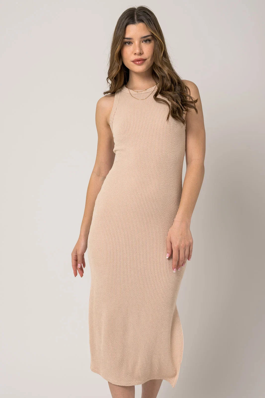 Sleeveless Rib Fitted Scoop Neck Midi Dress