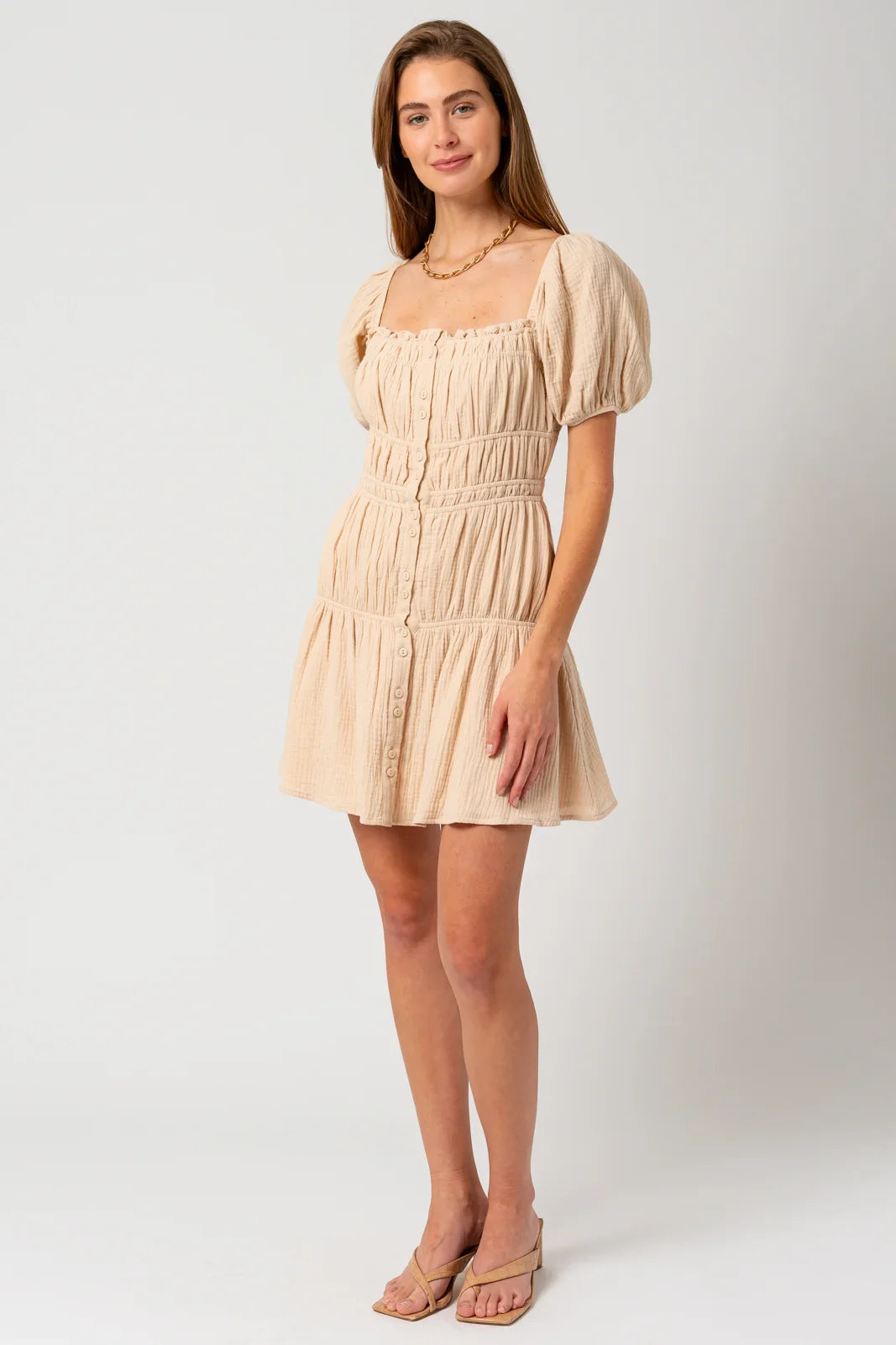 Puff Short Sleeve Shirring Mini Dress