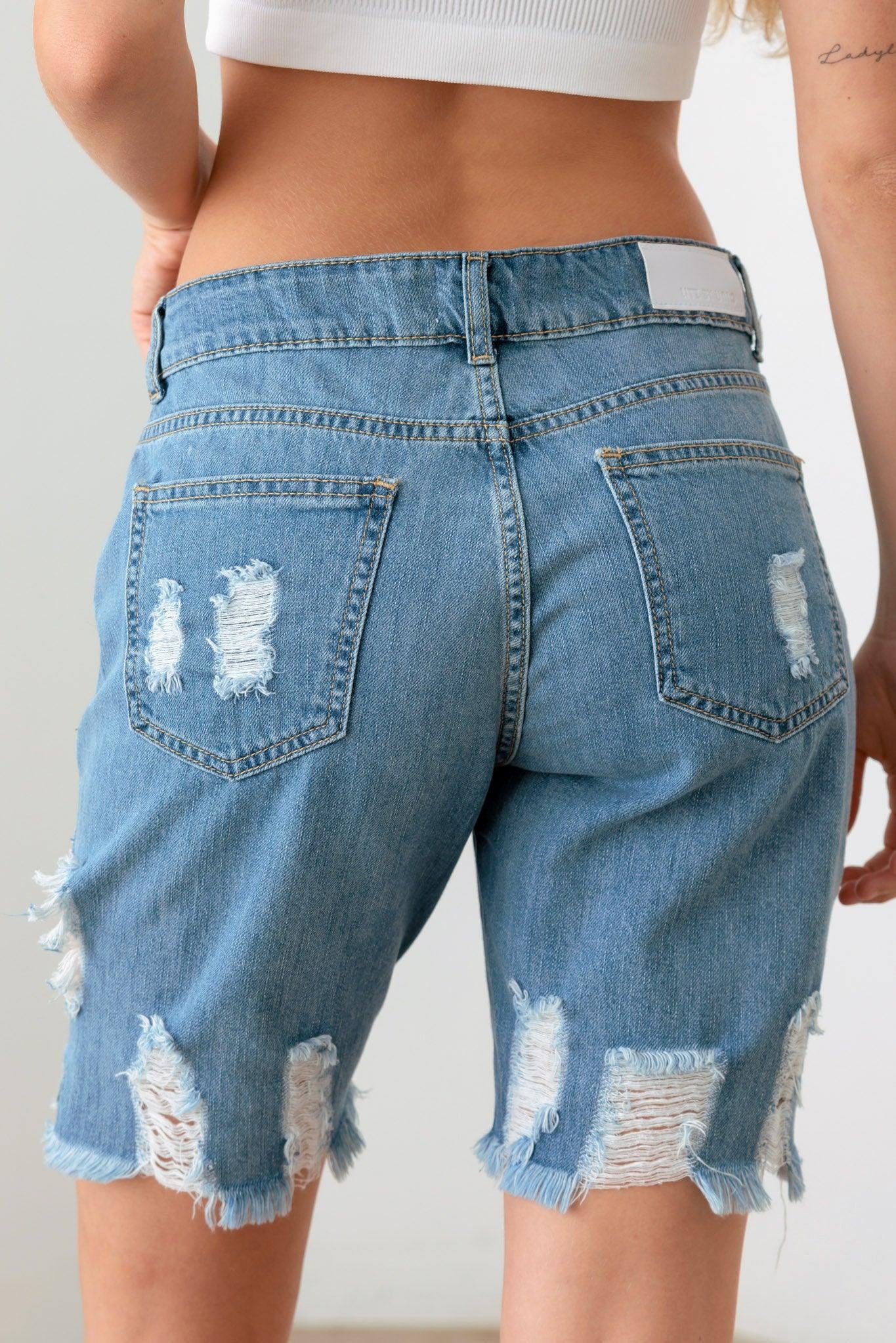 Distressing High-Rise Relaxed Fit Denim Capri Shorts