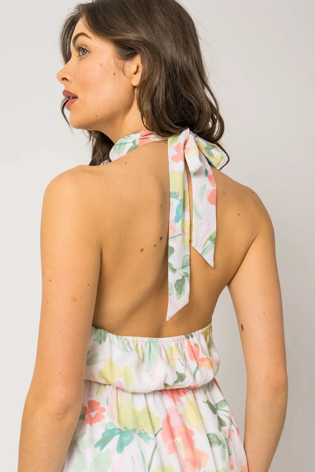 Sleeveless Halter Neck Shirring Floral Print Dress