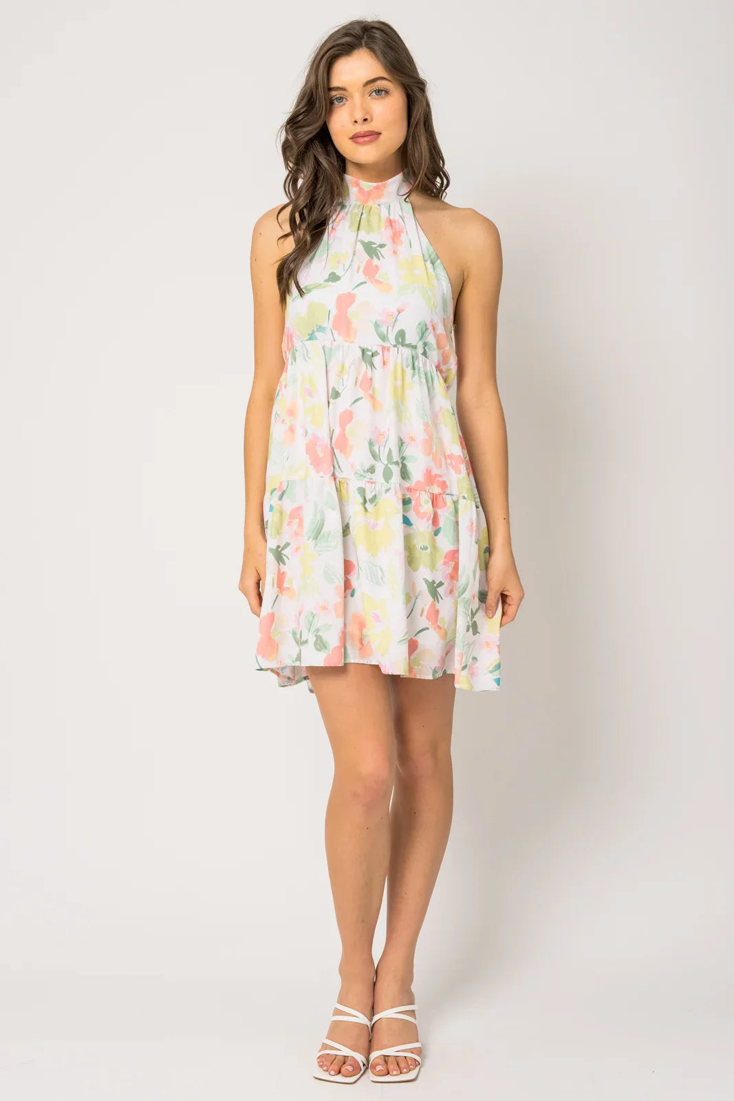 Sleeveless Halter Neck Shirring Floral Print Dress