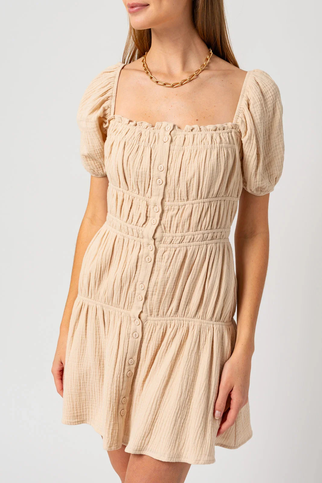 Puff Short Sleeve Shirring Mini Dress
