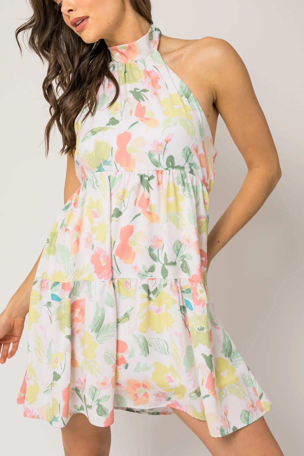 Sleeveless Halter Neck Shirring Floral Print Dress