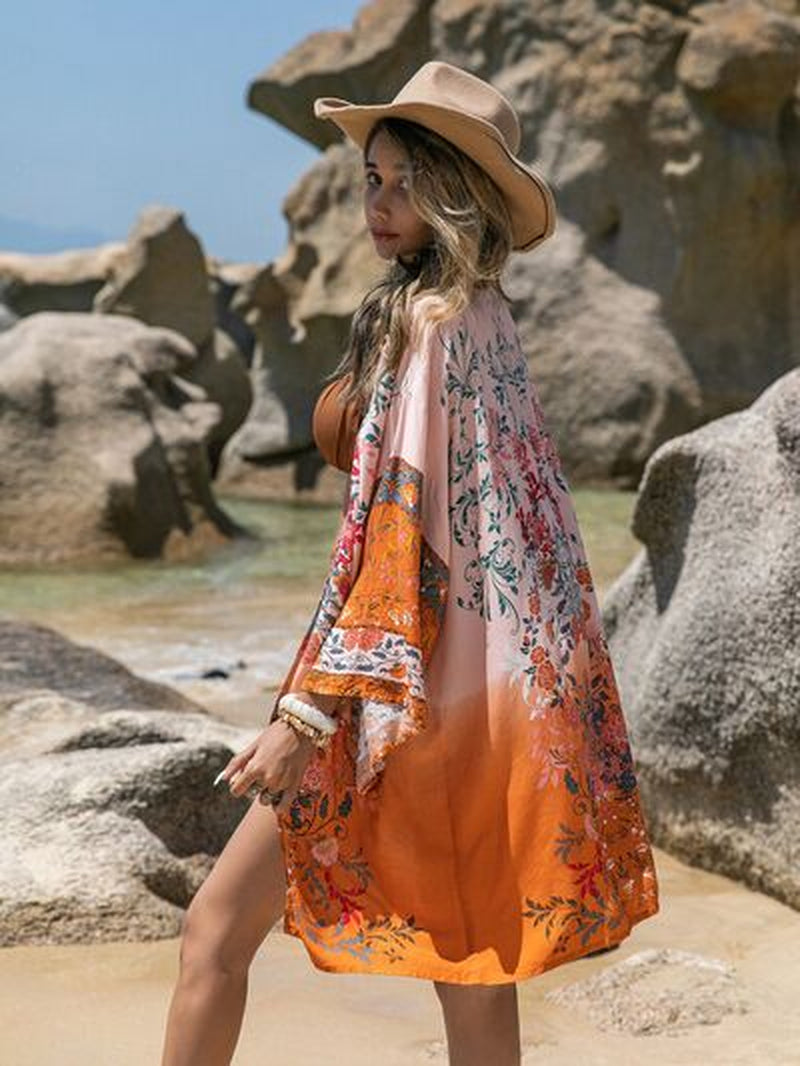 Printed Long Sleeve Cover-Up - Open Front Design