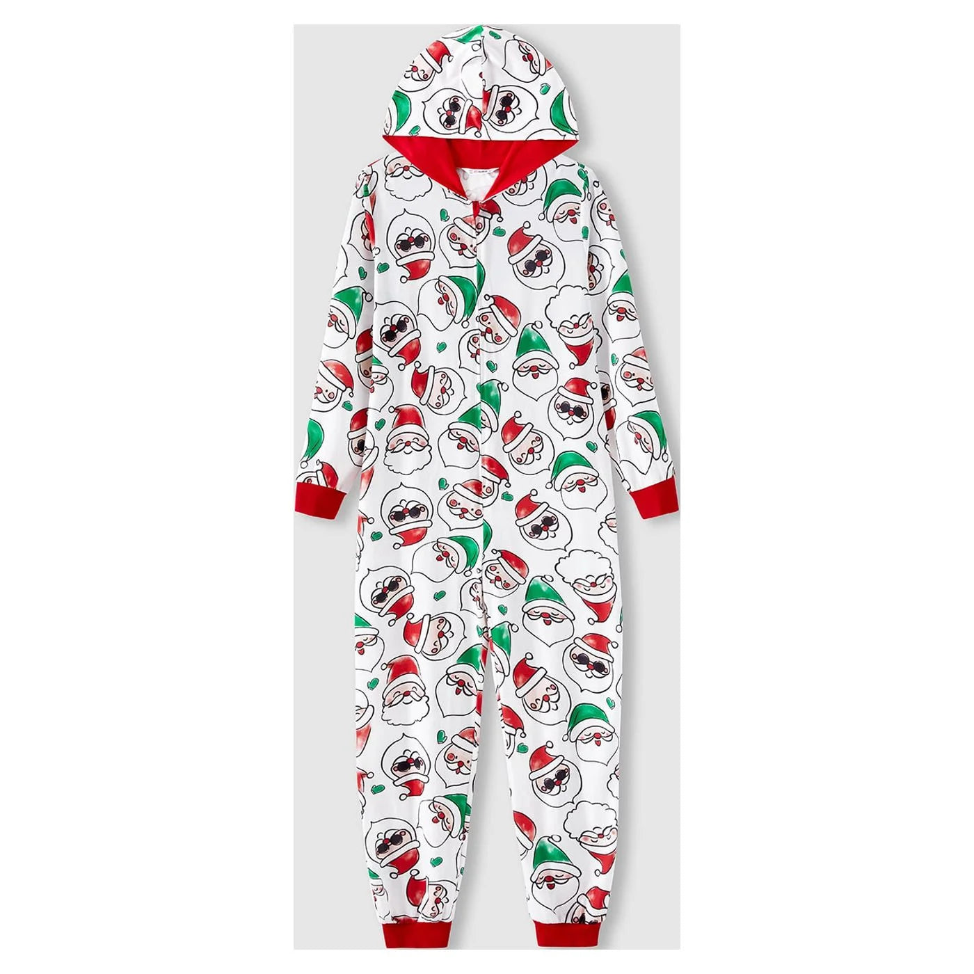 Front view of Santa print hooded one-piece Christmas pajamas featuring red and white Santa Claus pattern, front zipper, and soft cozy fabric.