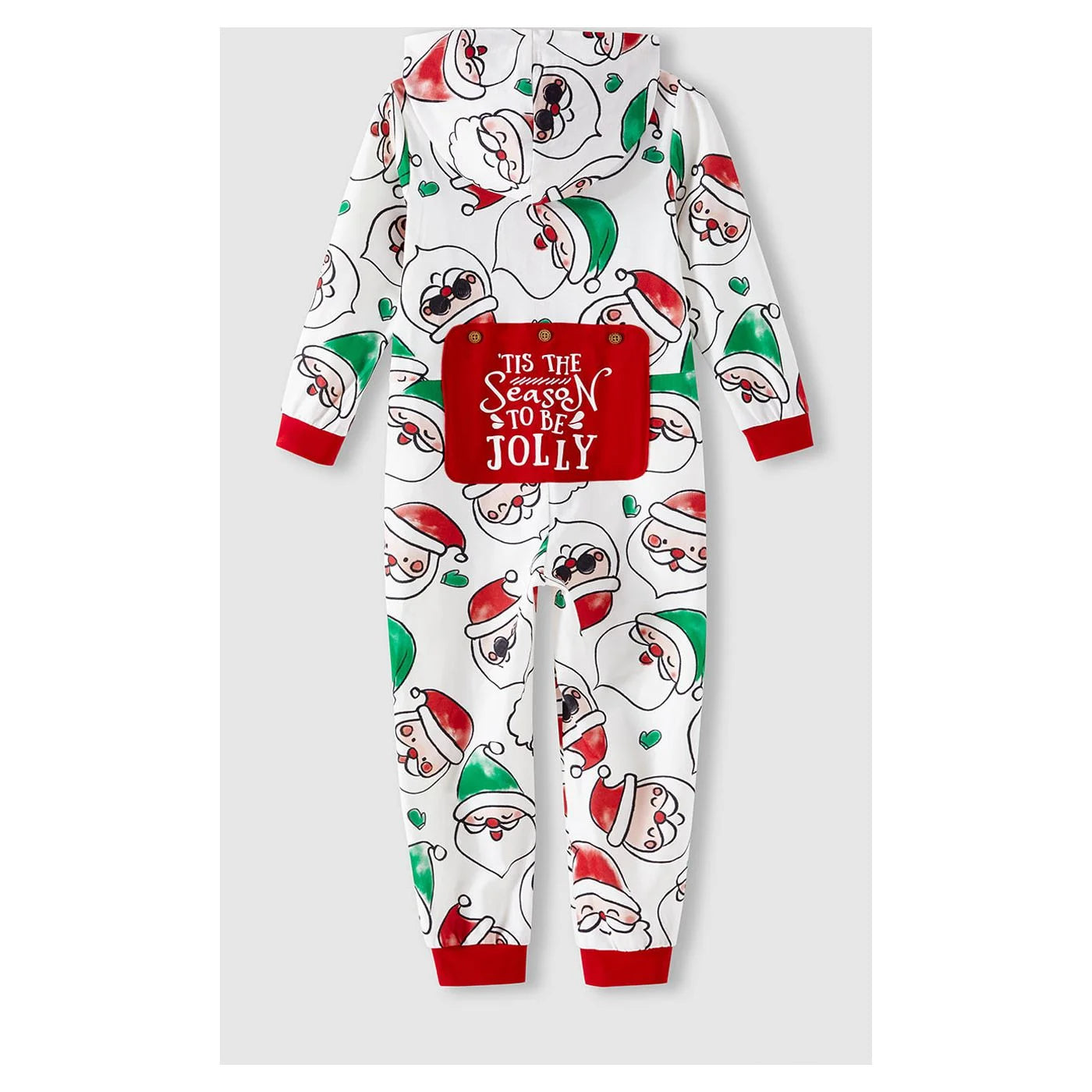 Back view of Santa print hooded one-piece Christmas pajamas showing full Santa Claus pattern and attached hood in soft festive fabric.