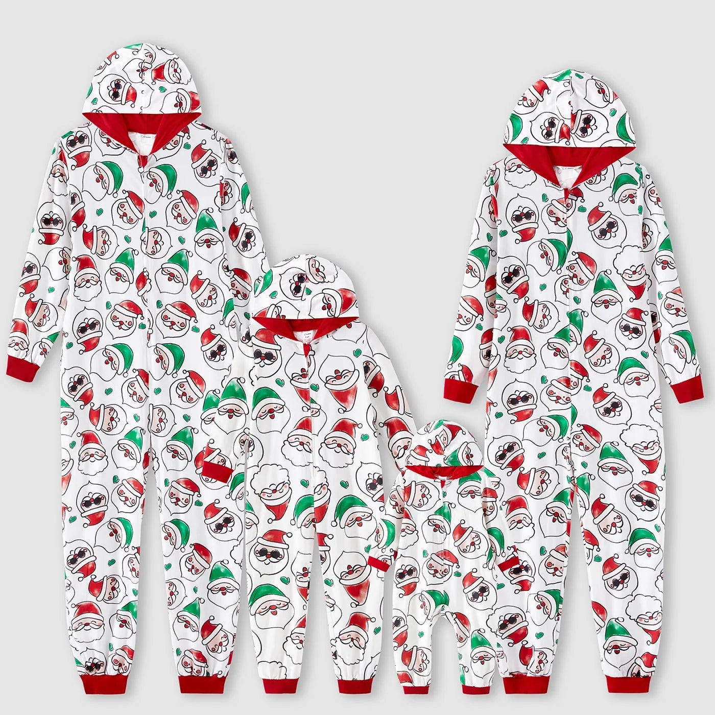 Santa print hooded one-piece family Christmas pajamas laid flat, showing festive red and white Santa design with front zipper and cozy fabric.