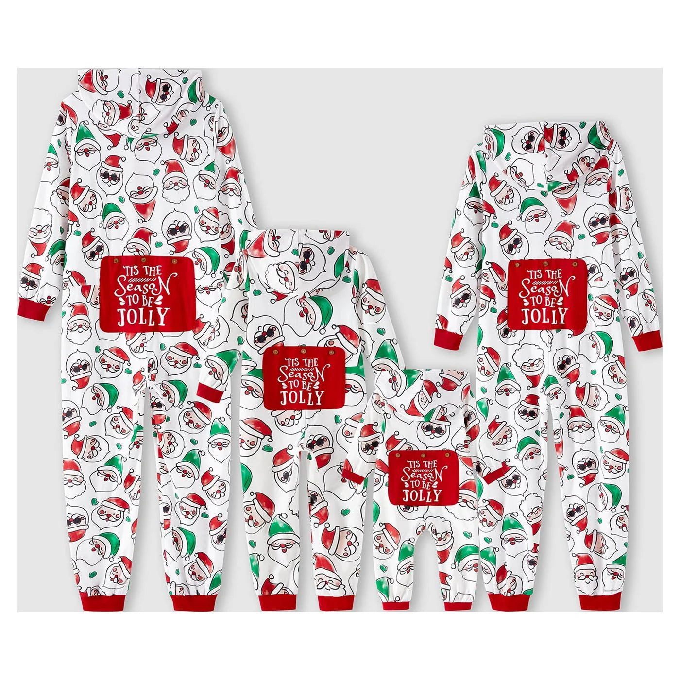 Christmas-themed pajama set with Santa Claus pattern and 'Tis the Season to be Jolly text on a white background.