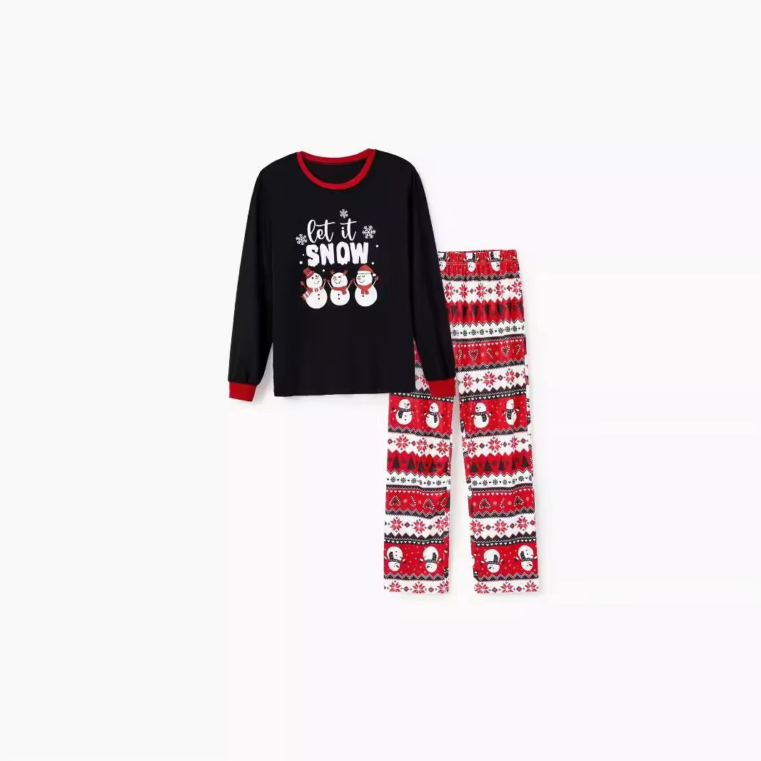 Christmas-themed pajama set with black top and red and white patterned pants on a white background