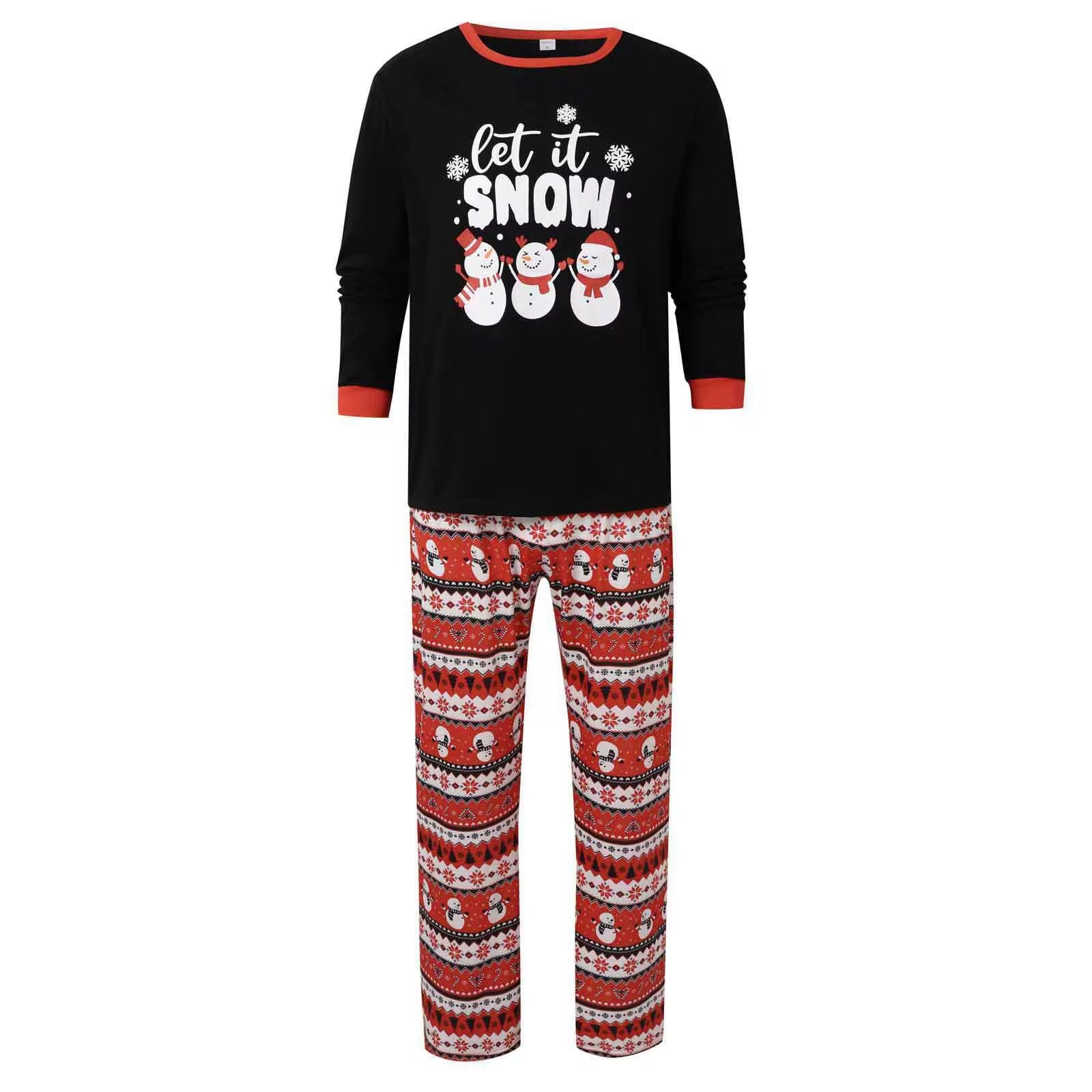 Black long-sleeve top with 'Let it Snow' text and snowmen graphics, paired with red and white patterned pants on a white background.