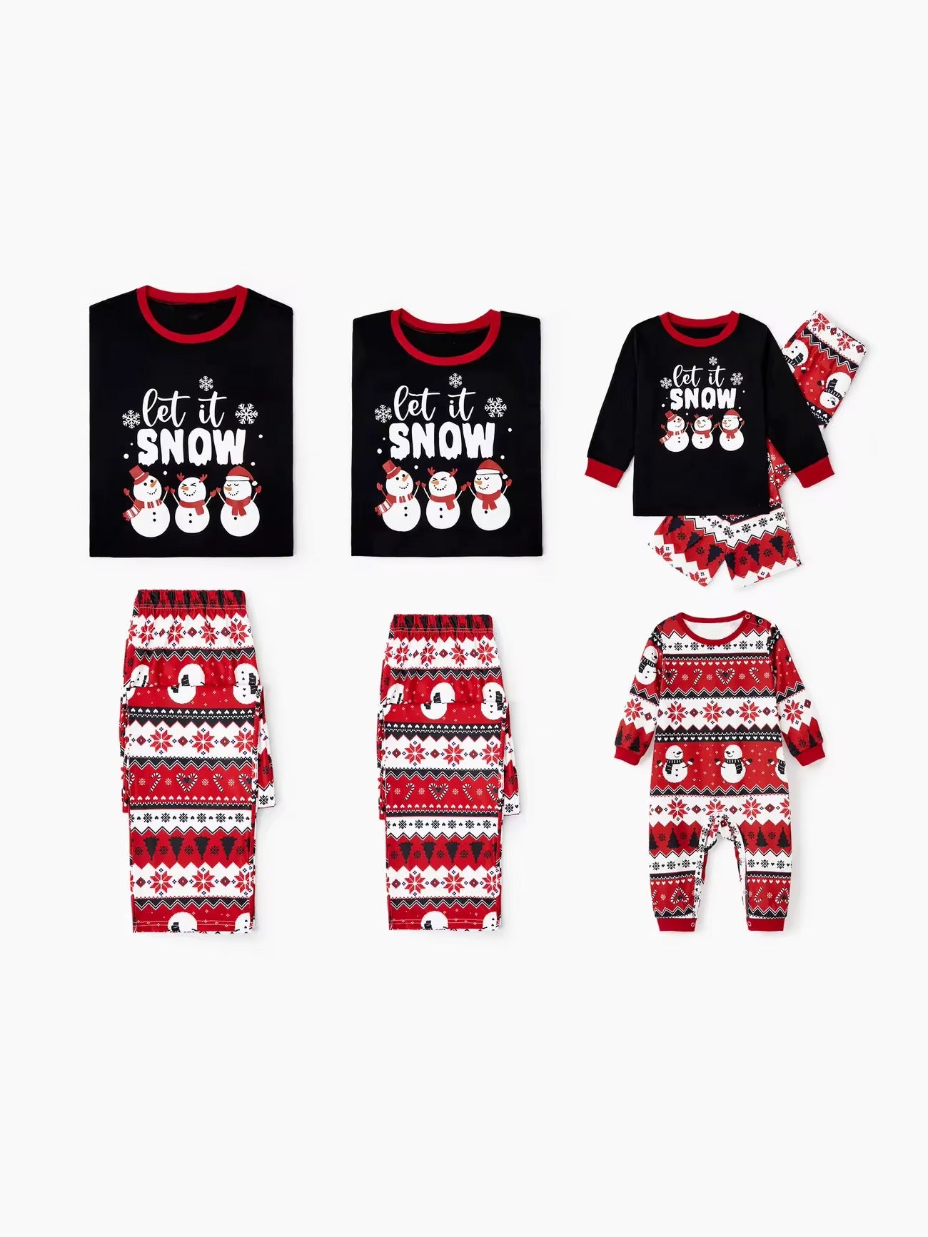 Set of Christmas-themed pajamas with 'let it snow' text and snowman graphics on a white background.