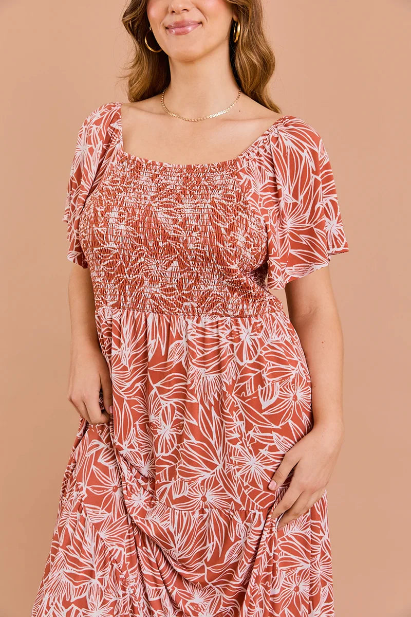 Plus Size Floral Smocking Bust Tiered Hem Maxi Dress