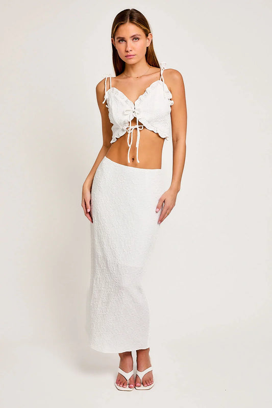 Lace Tie up Ruffled Crop Top & Maxi Skirt Set