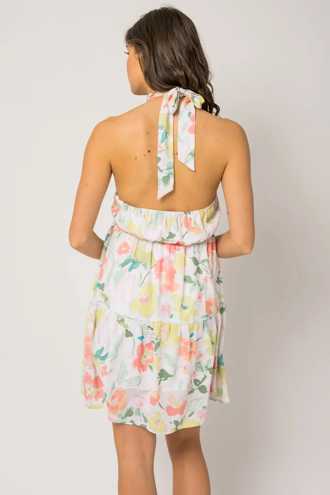 Sleeveless Halter Neck Shirring Floral Print Dress