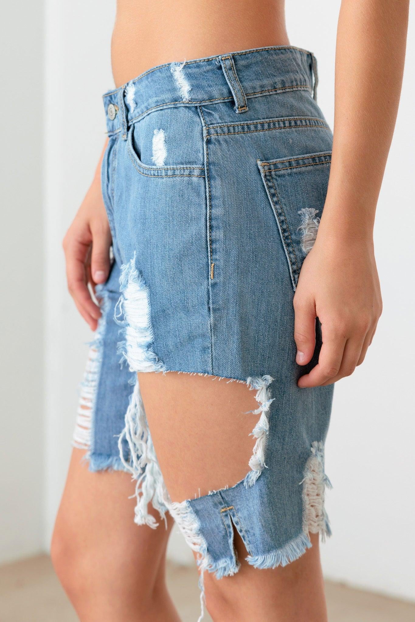 Distressing High-Rise Relaxed Fit Denim Capri Shorts