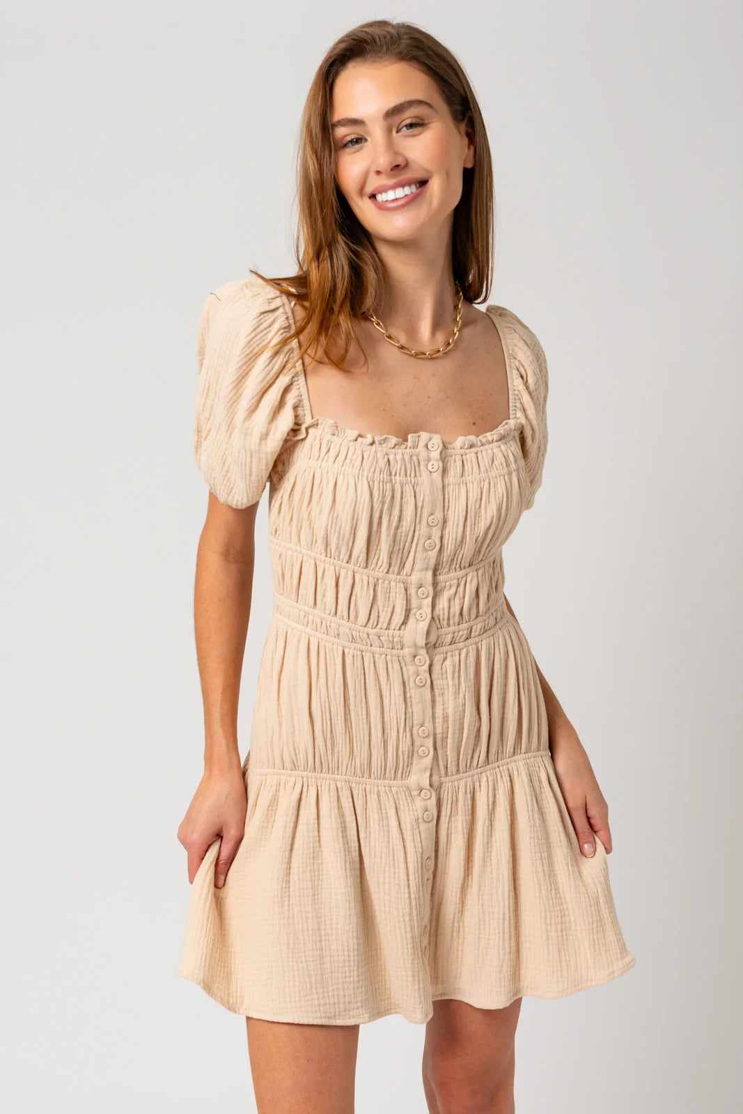 Puff Short Sleeve Shirring Mini Dress