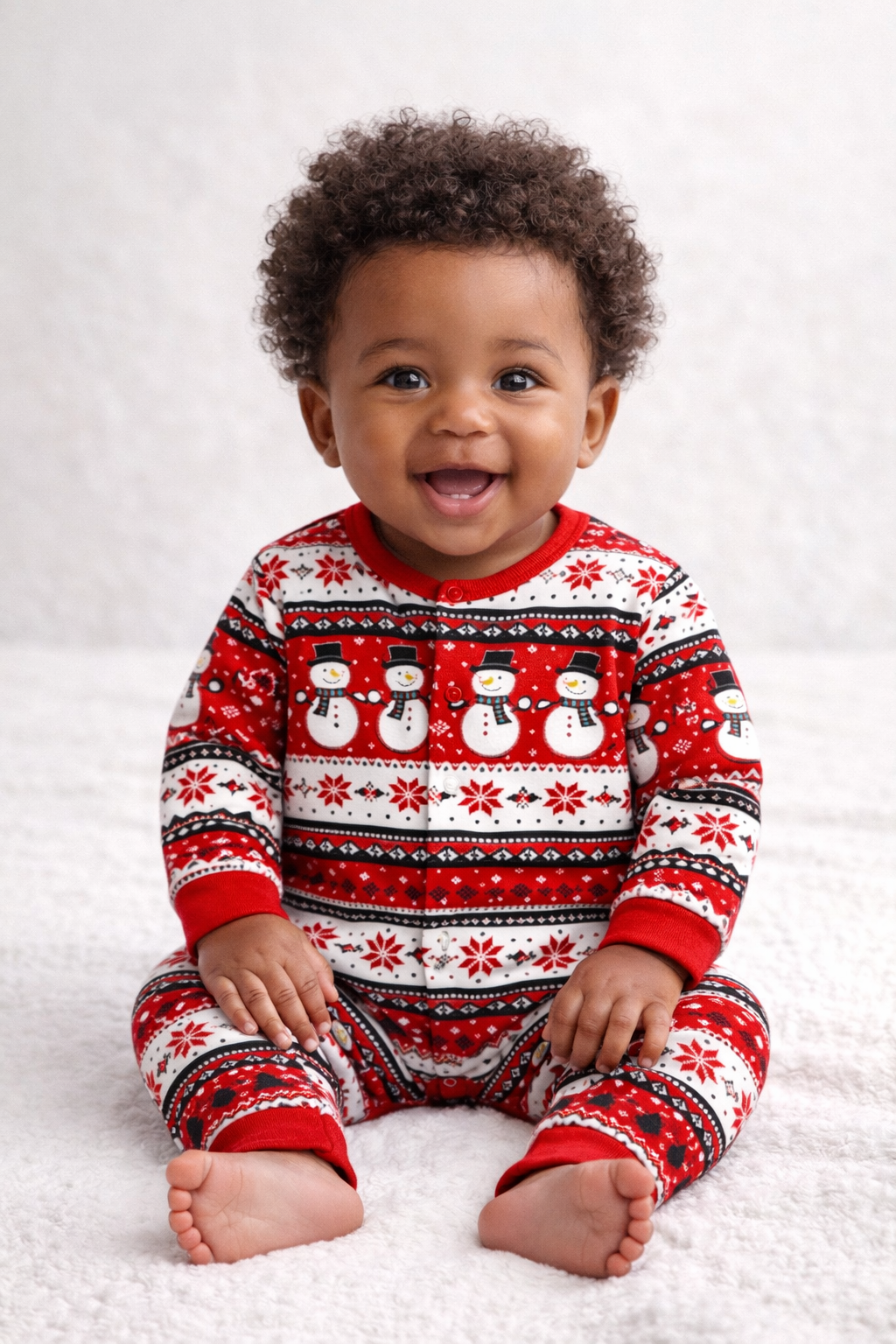 Cute baby sitting and smiling while wearing Let It Snow Christmas onesie from Shop Style Edit.