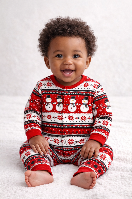 Cute baby sitting and smiling while wearing Let It Snow Christmas onesie from Shop Style Edit.