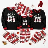 Matching family Christmas pajamas featuring Let It Snow baby onesie, kids, women’s and men’s sets.