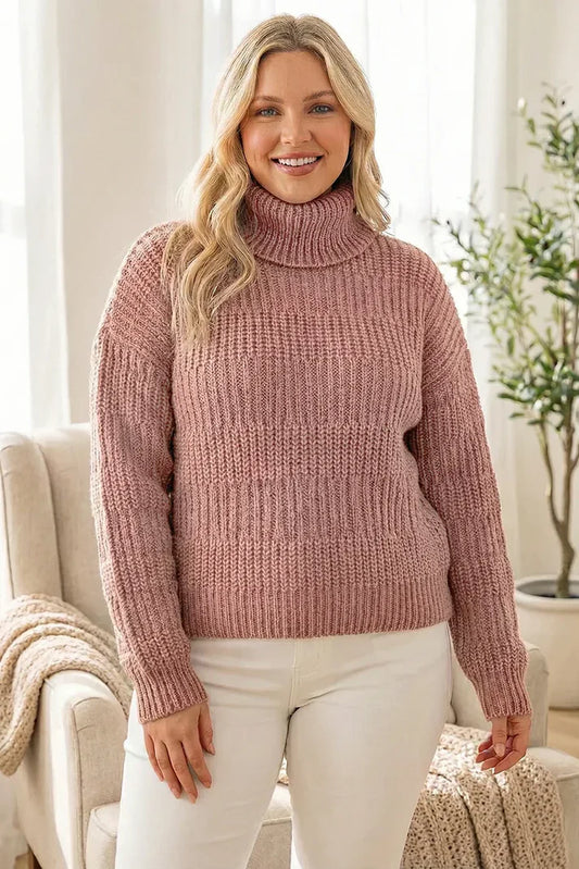 Plus size mauve chunky knit turtleneck sweater with textured stripe pattern and long sleeves.


