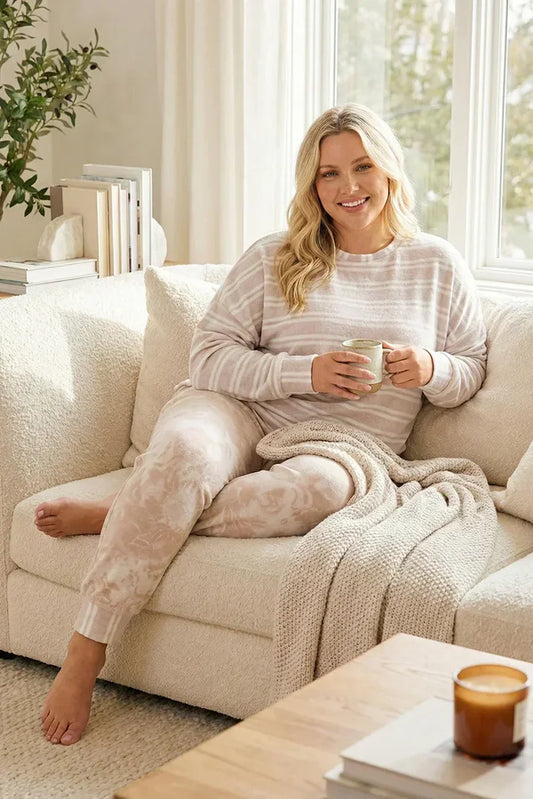 Plus size striped pullover loungewear top in taupe and ivory, relaxed fit styled for cozy at-home wear.
